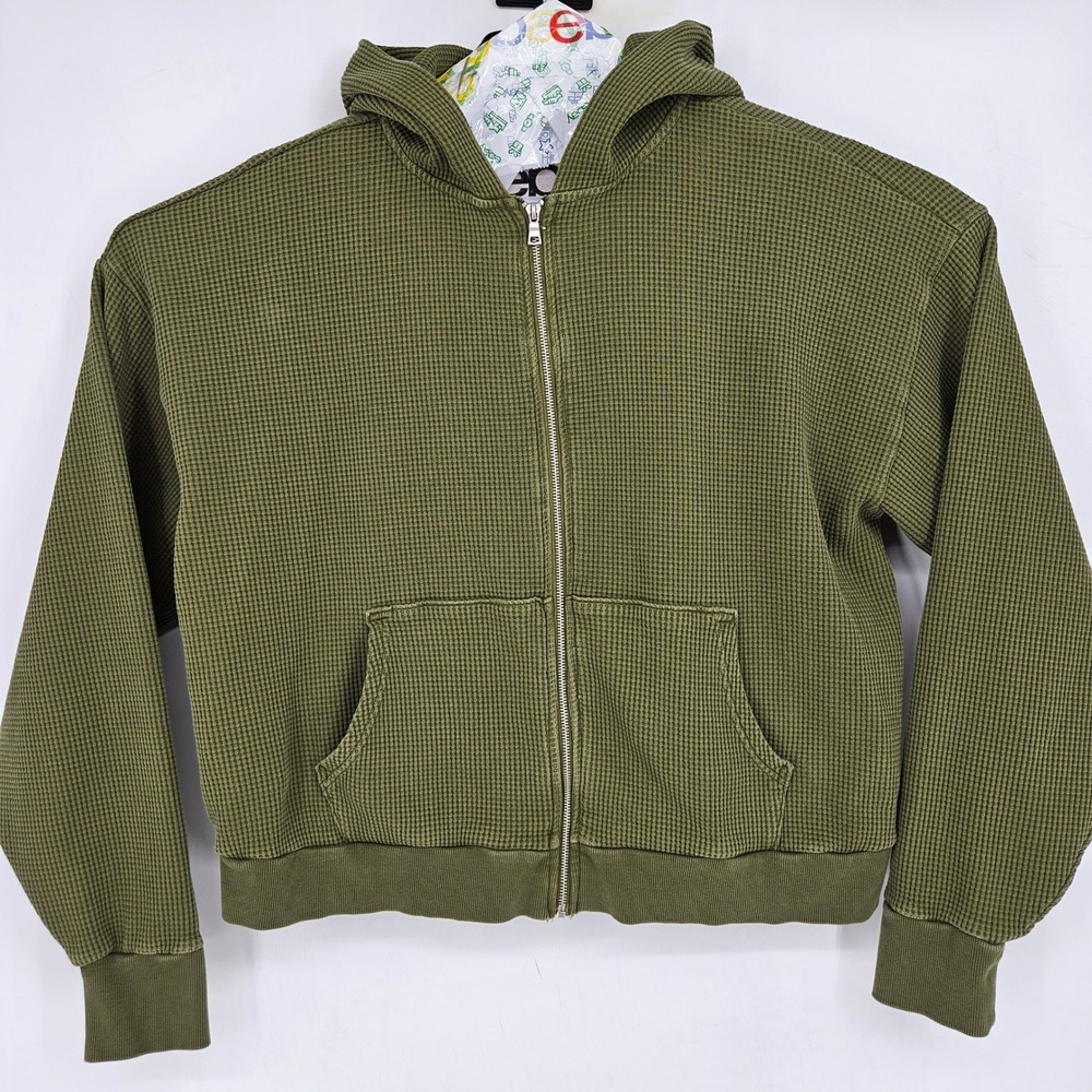 Elwood Hoodie Mens Medium Oversize Waffle Knit Green Full Zip Pullover Jacket